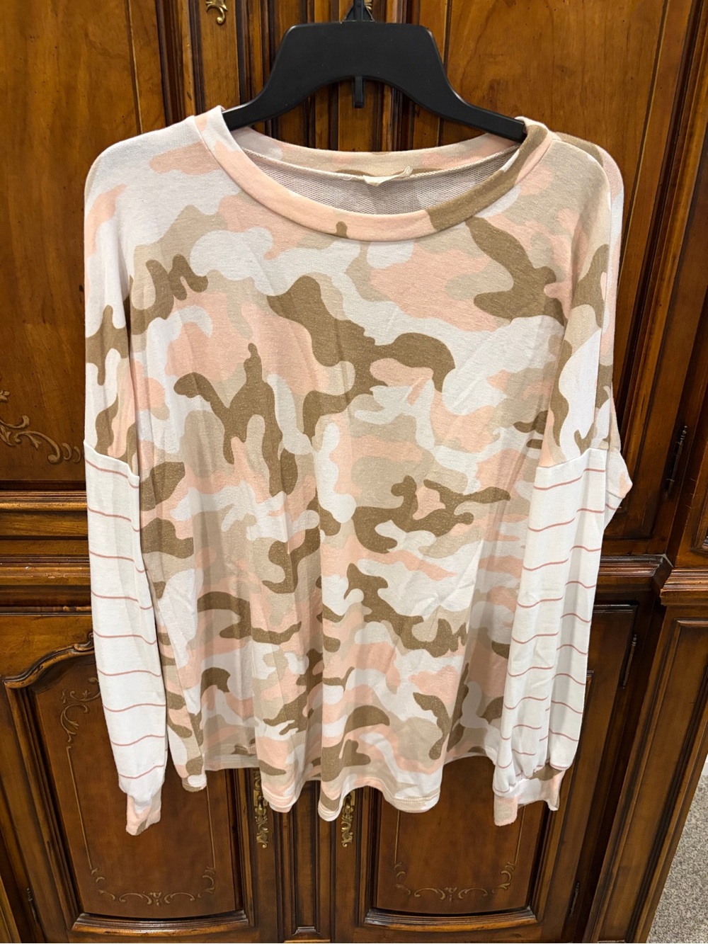 Lovely Melody Pink & Tan Camo Long Sleeve Top with Striped Sleeves